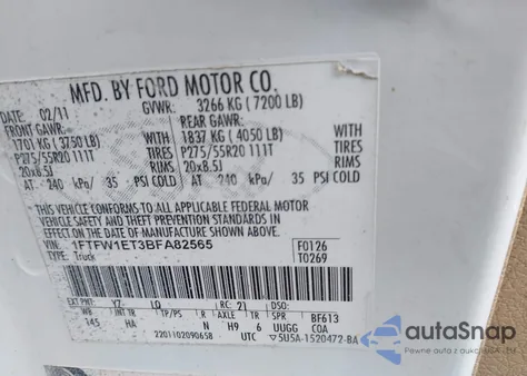 2011 Ford F-150 Lariat from USA, damaged, VIN 1FTFW1ET3BFA82565